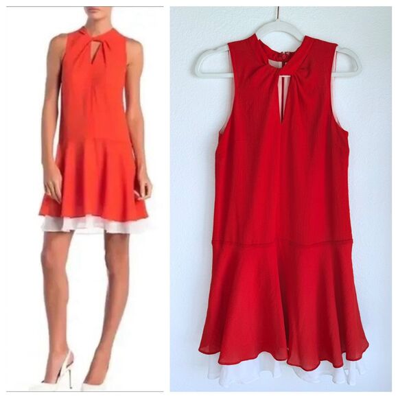 Cynthia Steffe Estella Sleeveless Twist Neck Drop Waist Dress Tomato Red & White - Picture 1 of 10